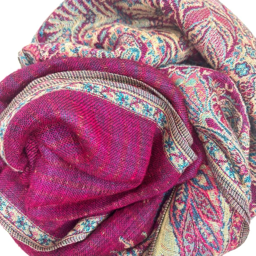 Pashmina Paisley Fuchsia Pink Teal Blue Jewel Tone Boho Silk Blend Scarf Wrap OS